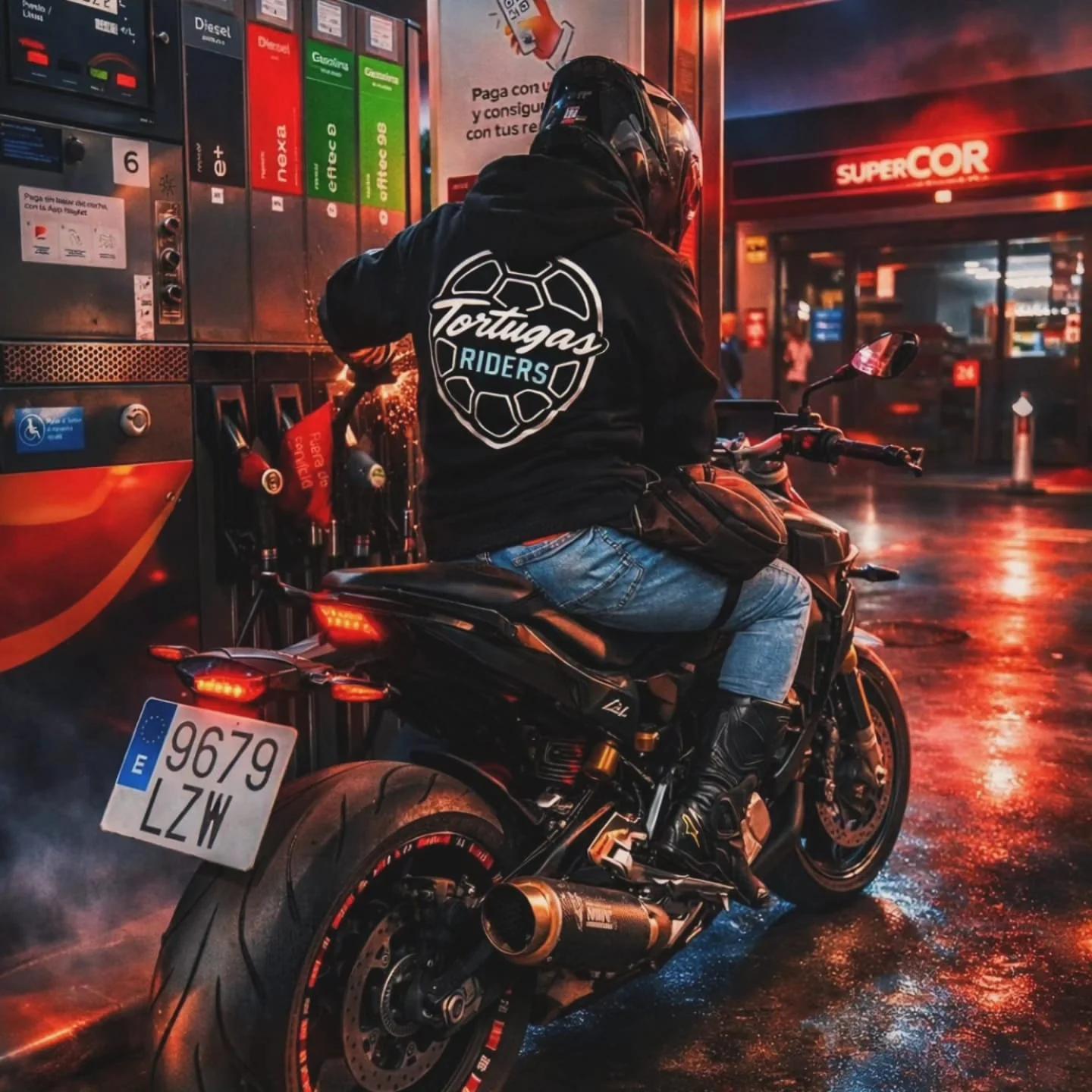 Sudadera Tortugas Riders sobre una moto en una gasolinera